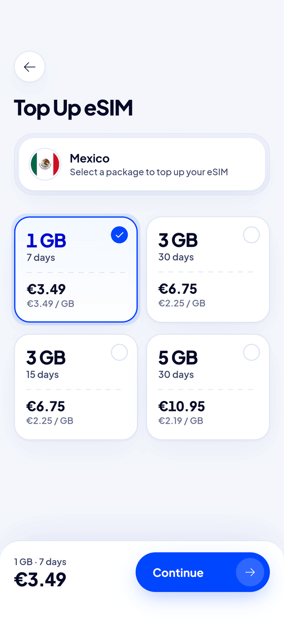 Running low? Add data to the same eSIM in the app.