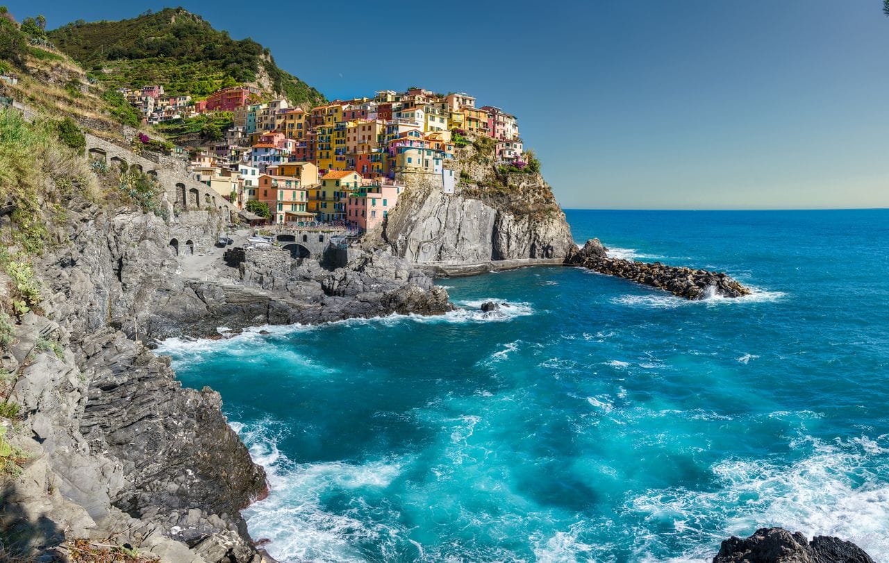 Manarola in Cinque Terre. Signal is good in the villages, weaker on the cliff paths between them.